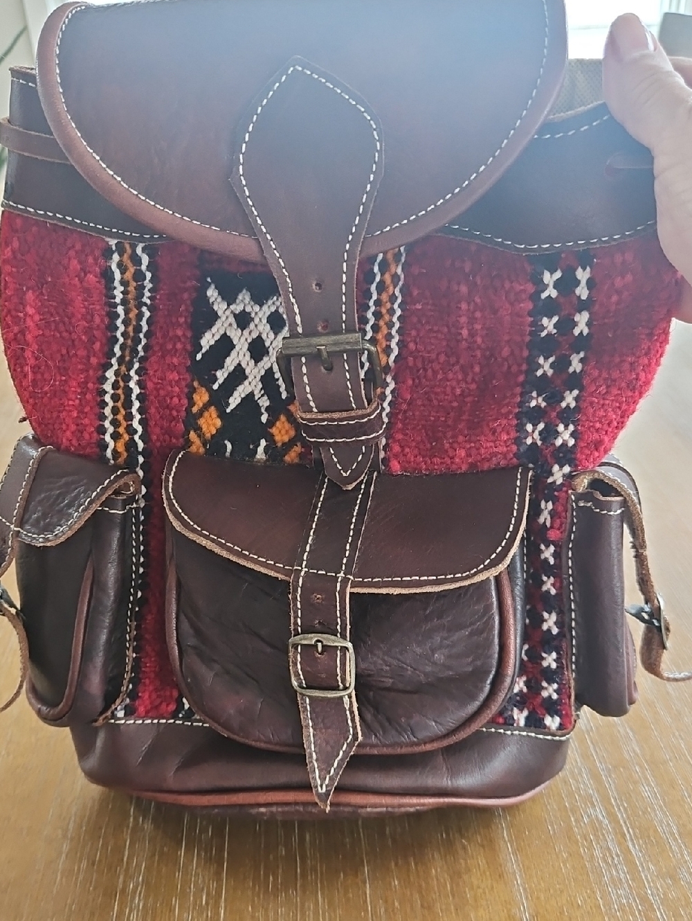 Handcrafted Bohemian Red and Brown Leather-Trim Backpack